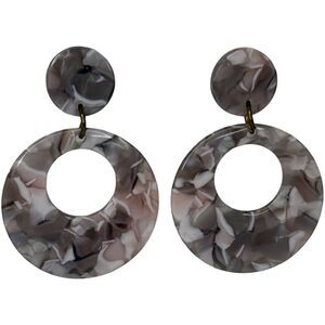 Vintage Gray and White Lucite Hoop Earrings 1.5" Pierced Swirl